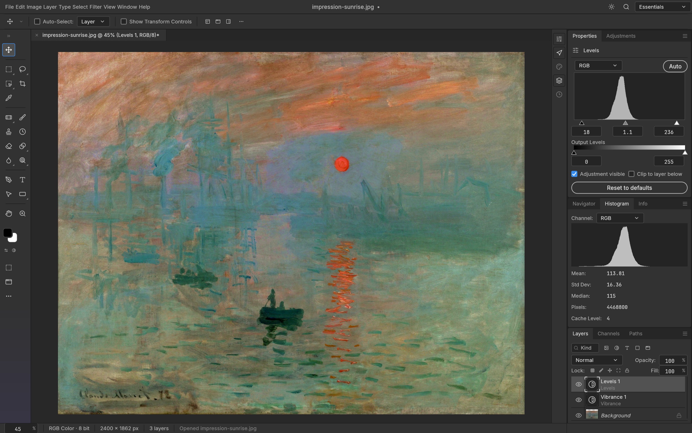 PhotoCraft official screenshot showing a Monet image with Levels controls and a histogram