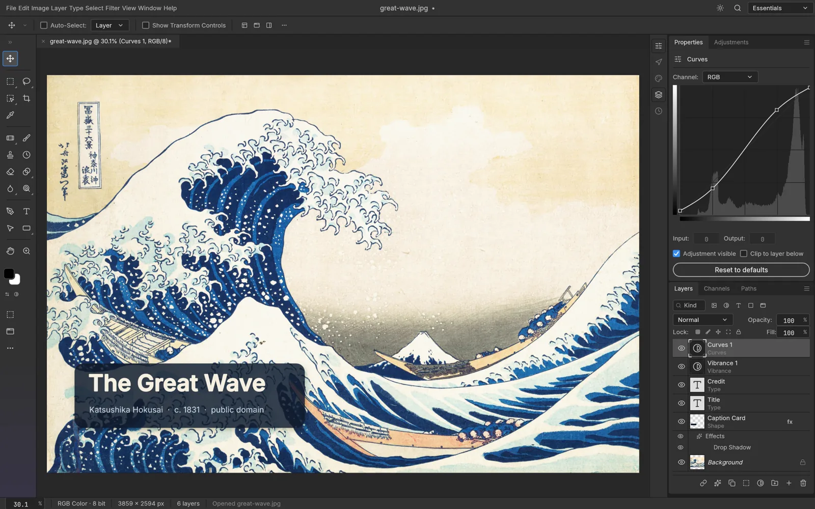 Official PhotoCraft screenshot: The Great Wave canvas, Curves adjustment, and type layers