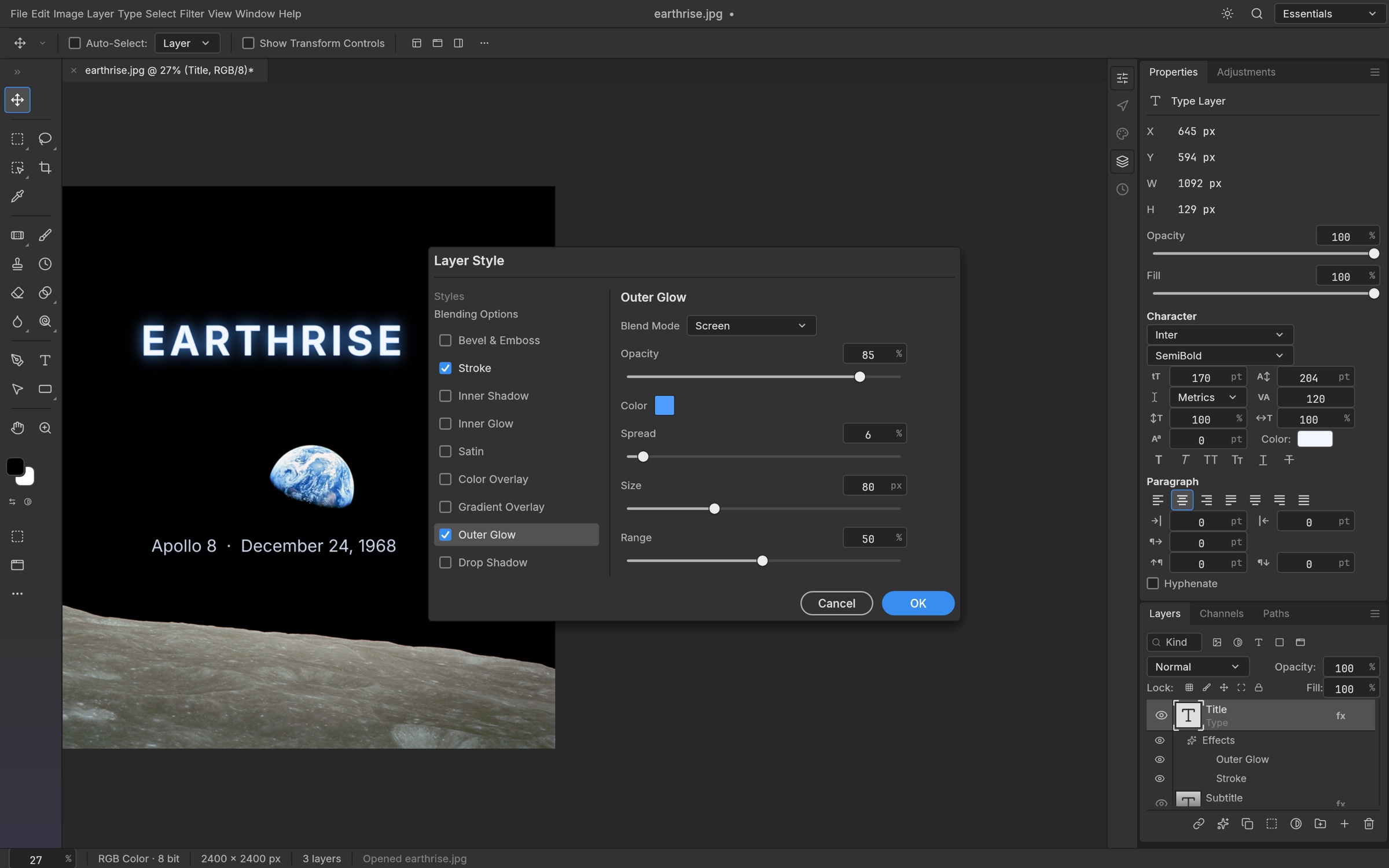 PhotoCraft official screenshot of Earthrise with title text, a Layer Style dialog, Outer Glow and Stroke controls